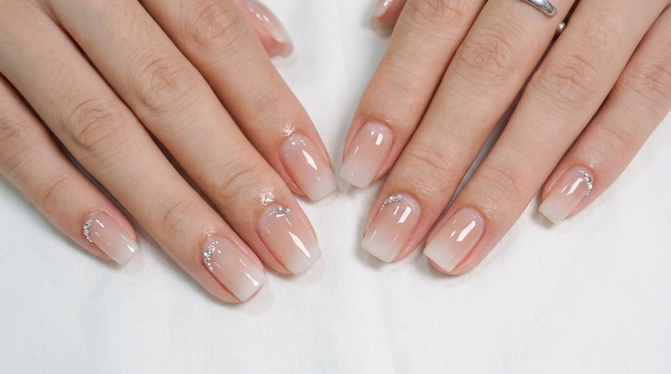 Ongles Dégradés Milky White et Strass aux Cuticules — Tutoriel Étape par Étape