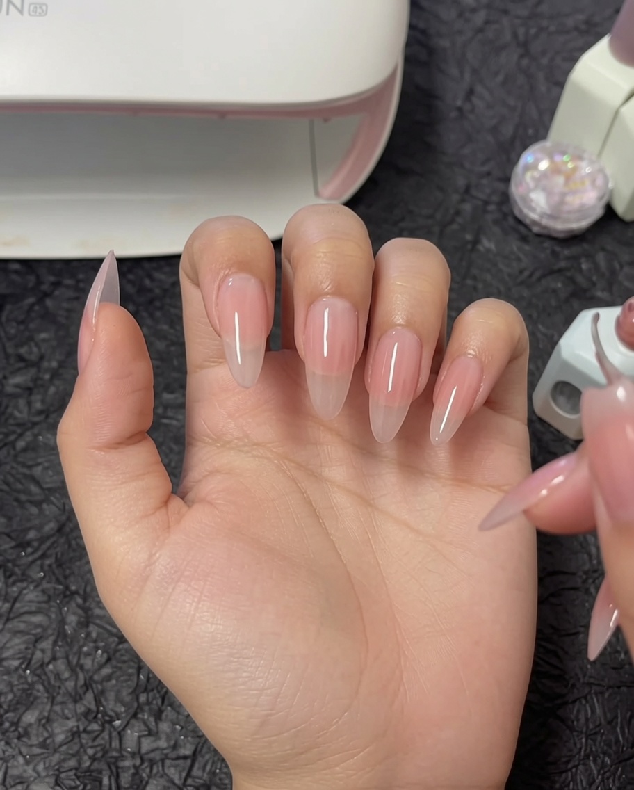 Un pinceau appliquant une seconde couche de vernis gel nude sur un pouce.