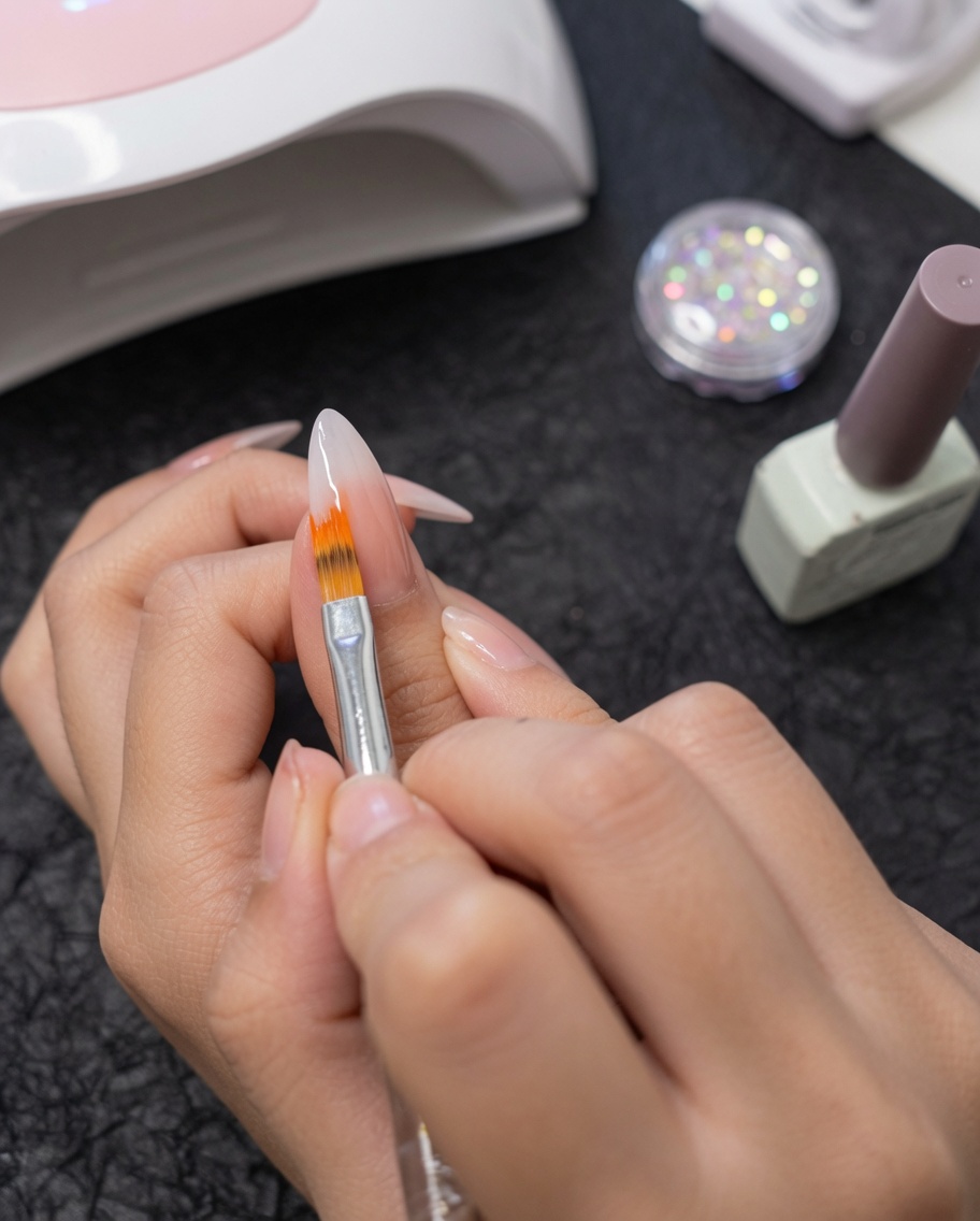 Un pinceau à dégradé mélangeant du vernis gel blanc et nude sur un ongle.