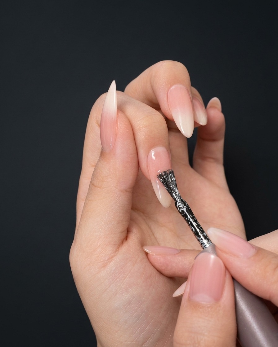 Gros plan dune main utilisant un pinceau de précision pour appliquer une ligne verticale de gel pailleté argenté au centre dun ongle stiletto à dégradé nude et blanc.