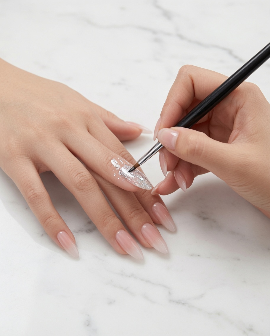 Un pinceau de précision plaçant soigneusement des flocons holographiques épais individuels au centre dun ongle.