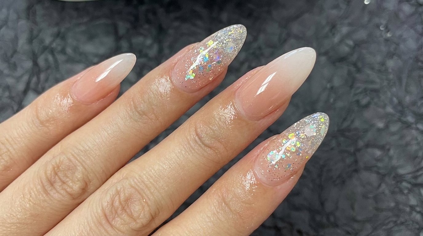 Manucure Ombré Nude et Blanc avec Détails Pailletés