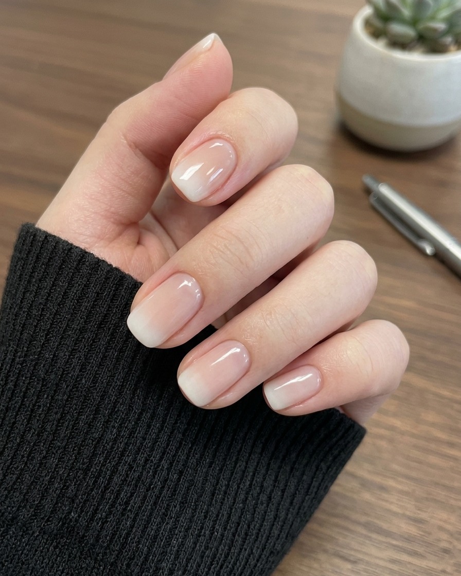 Un pinceau appliquant une fine couche translucide de gel nude près de la cuticule.