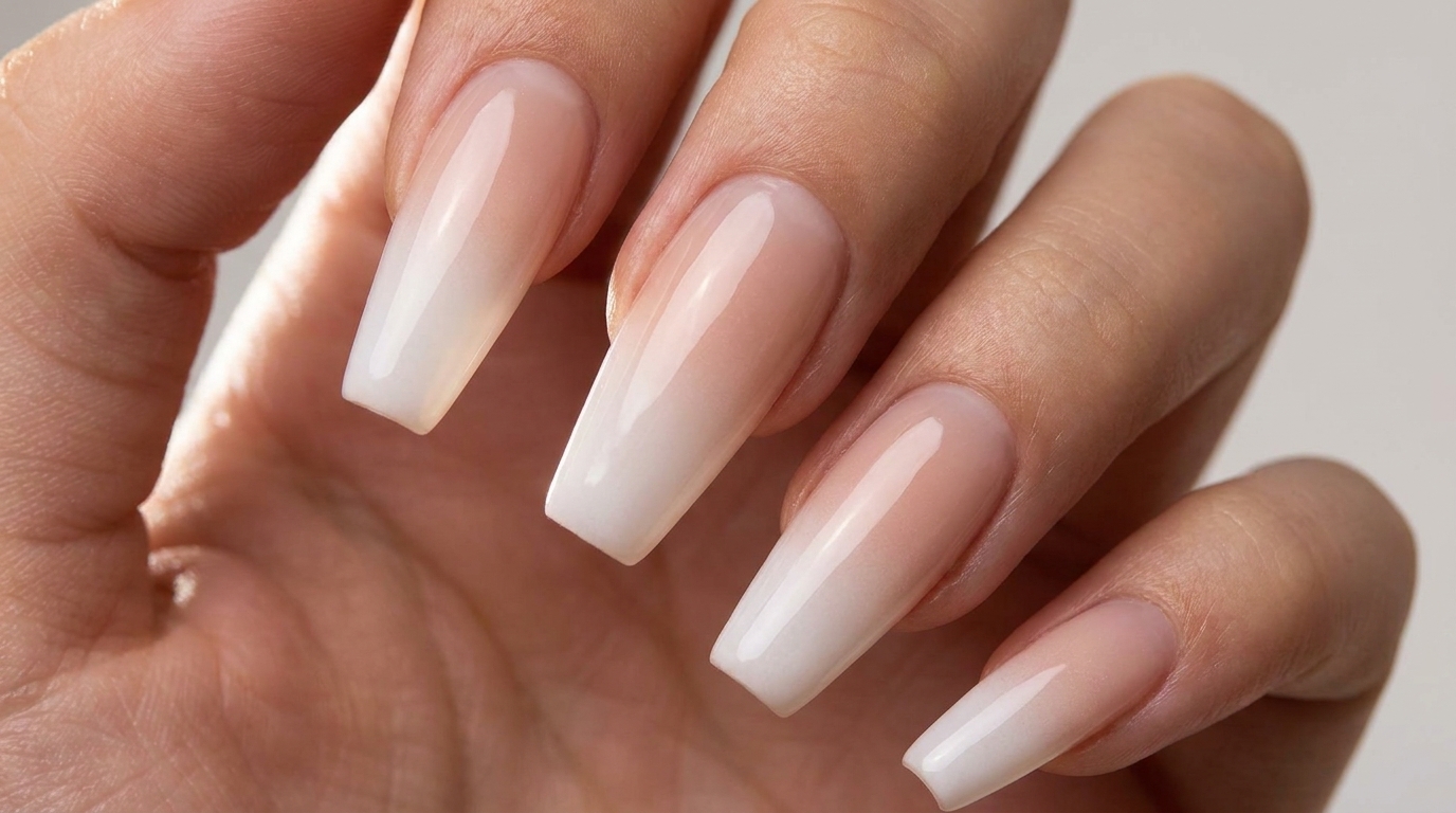 Longs ongles élégants en forme ballerine présentant un dégradé fondu, très brillant, allant du blanc laiteux au nude translucide.