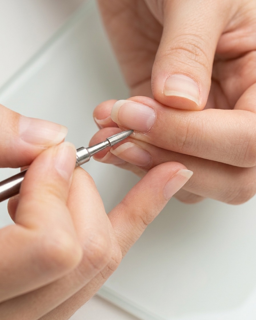 Un embout de ponceuse en métal très fin et pointu nettoyant la poche cuticulaire profonde dun ongle nu.