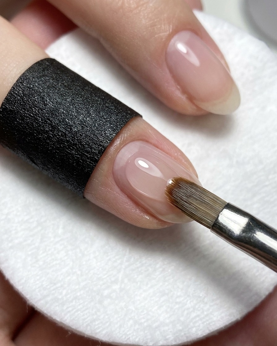 Un pinceau appliquant un top coat brillant sans résidu sur un ongle ombré rose terminé.