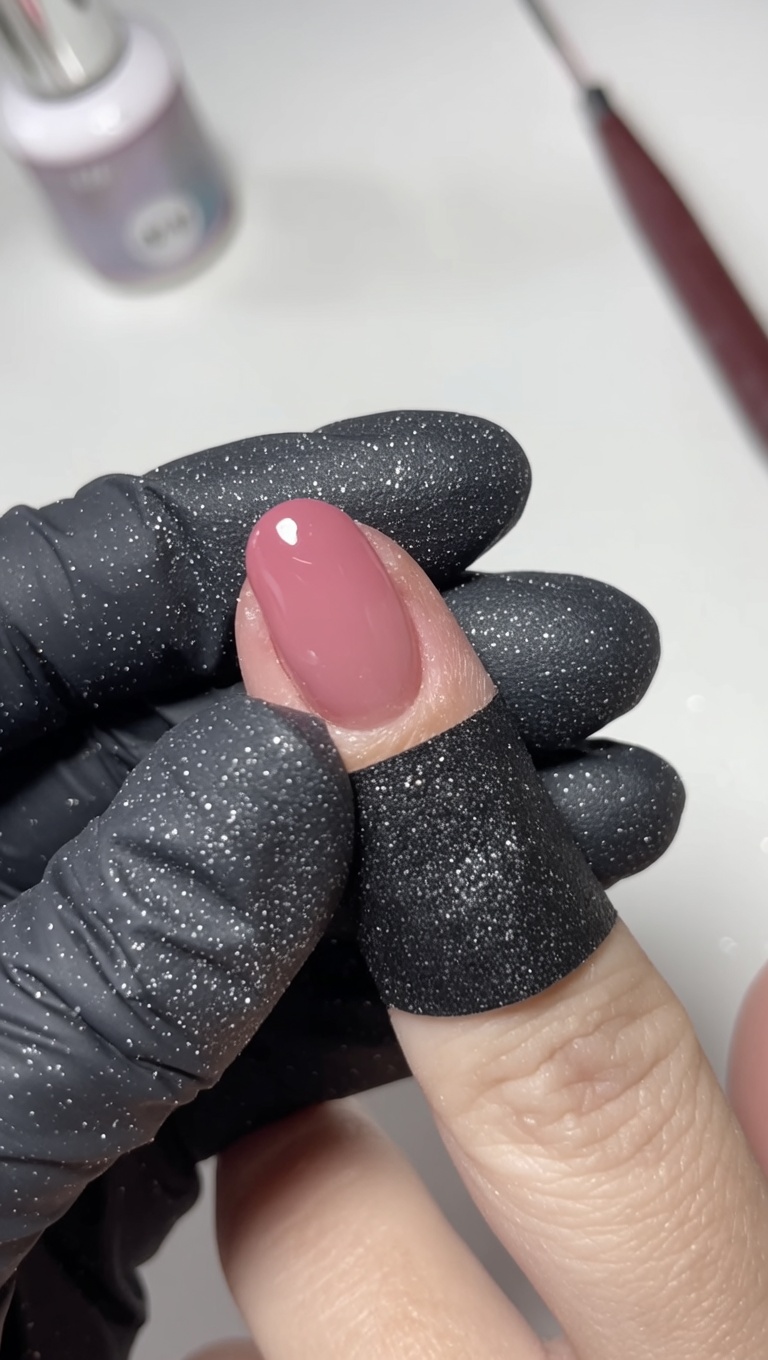 Gros plan macro sur un ongle naturel manucuré présentant un dégradé ombré gel nude vers rose avec une finition ultra-brillante.
