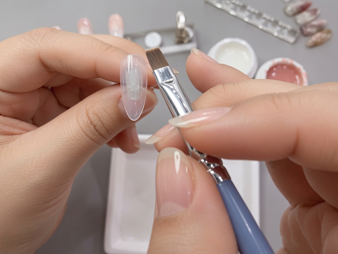 Gros plan dun pinceau plat appliquant une couche lisse de gel blanc sur un ongle artificiel tenu par une main.