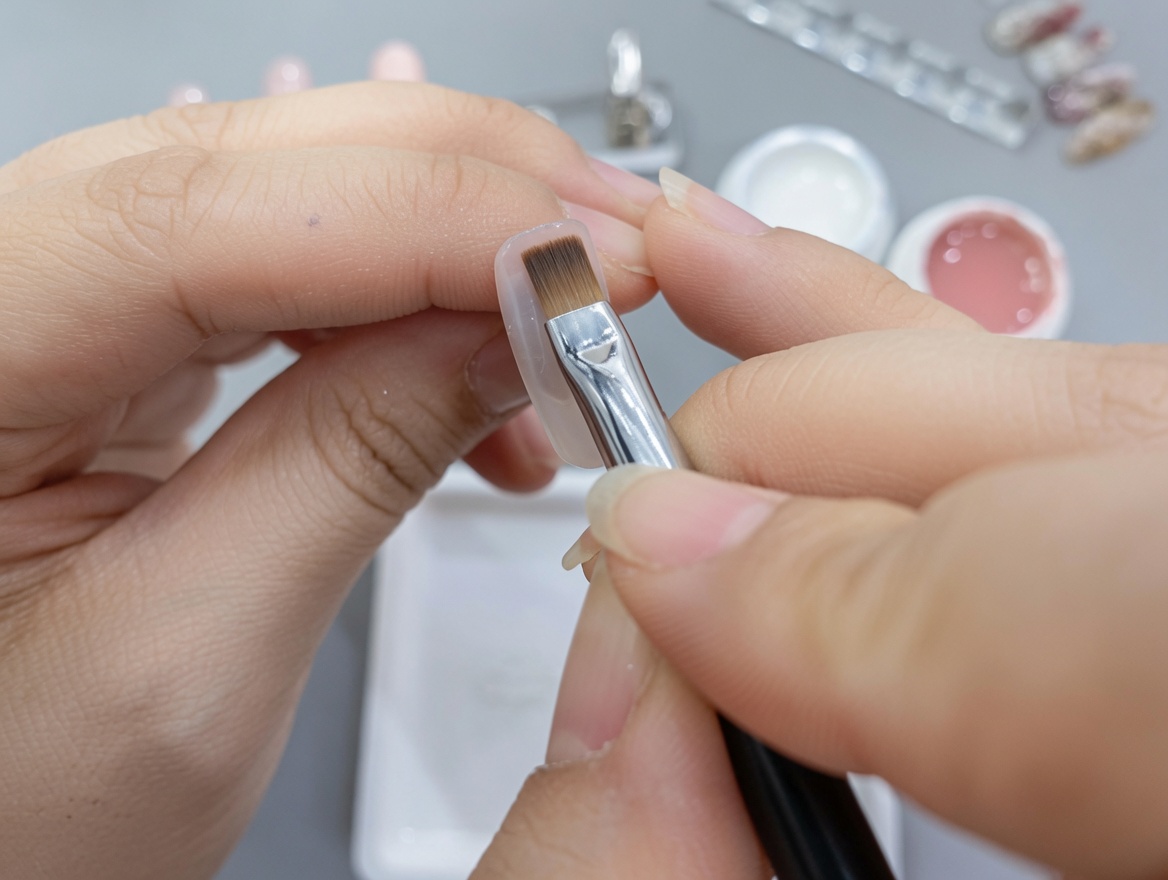 Un pinceau appliquant une seconde couche de gel nude numéro 90 sur le dégradé existant.