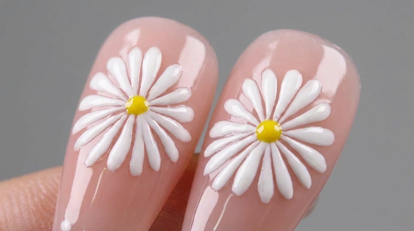 Gros plan sur une manucure mettant en valeur des marguerites blanches peintes à la main avec un cœur jaune sur une base rose nude.