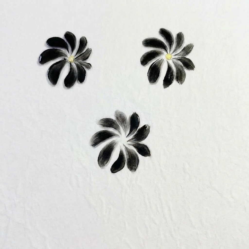 Gros plan dun pétale de marguerite en gel noir peint à la main sur une surface blanche.