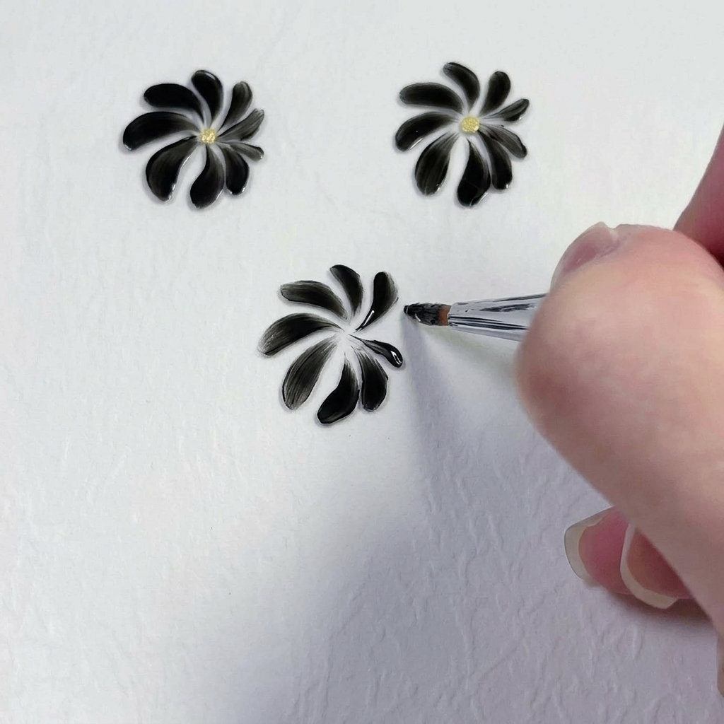 Gros plan sur un pinceau de précision affinant les pointes des pétales noirs pour leur donner une forme naturelle.