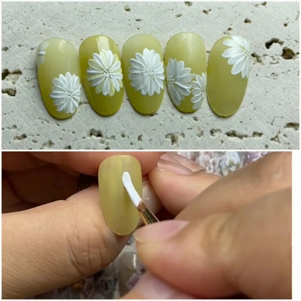 Gros plan dun pinceau appliquant un vernis semi-permanent jaune éclatant sur un ongle.
