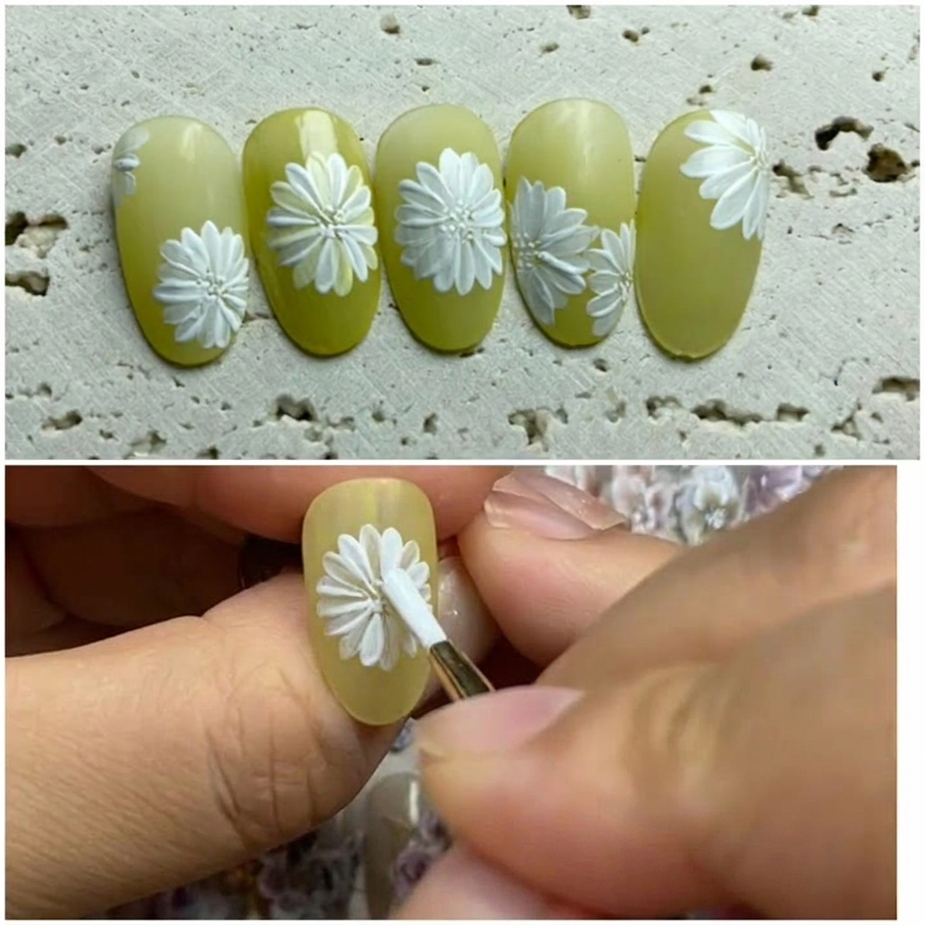 Un pinceau fin déposant un petit point blanc sur une surface dongle jaune.