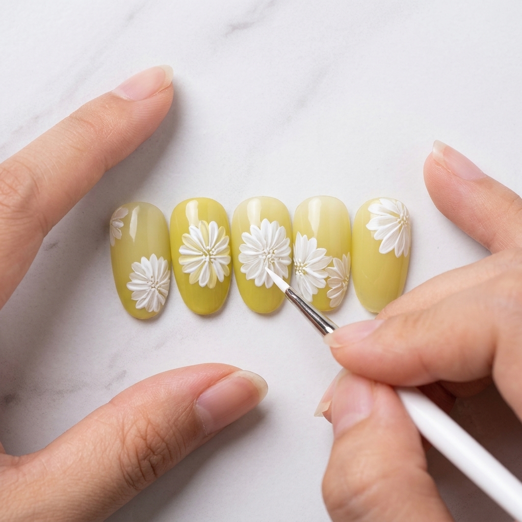 Gros plan dun pinceau appliquant un seul pétale blanc sur un motif de marguerite sur une base jaune.