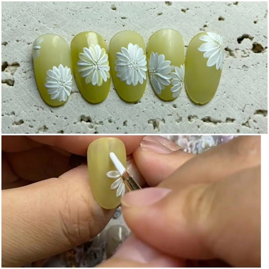 Une main plaçant un ongle avec un motif de marguerite sous une lampe UV/LED professionnelle.