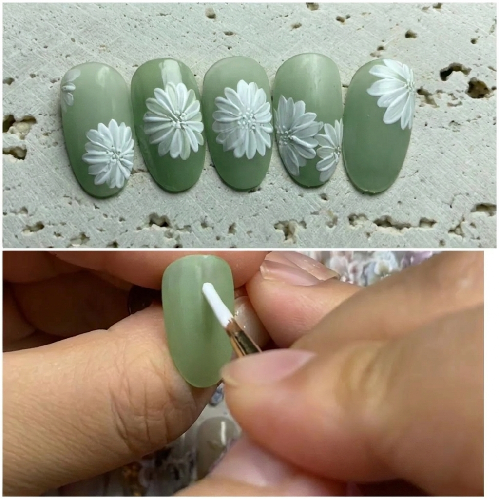 Gros plan dun ongle décoré où un pinceau fin applique un petit point de couleur précis au centre dune marguerite blanche.