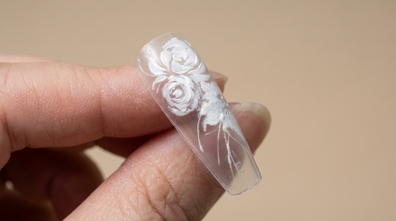 Un ongle long transparent arborant des roses blanches peintes à la main complexes et des accents floraux délicats avec une finition en relief.