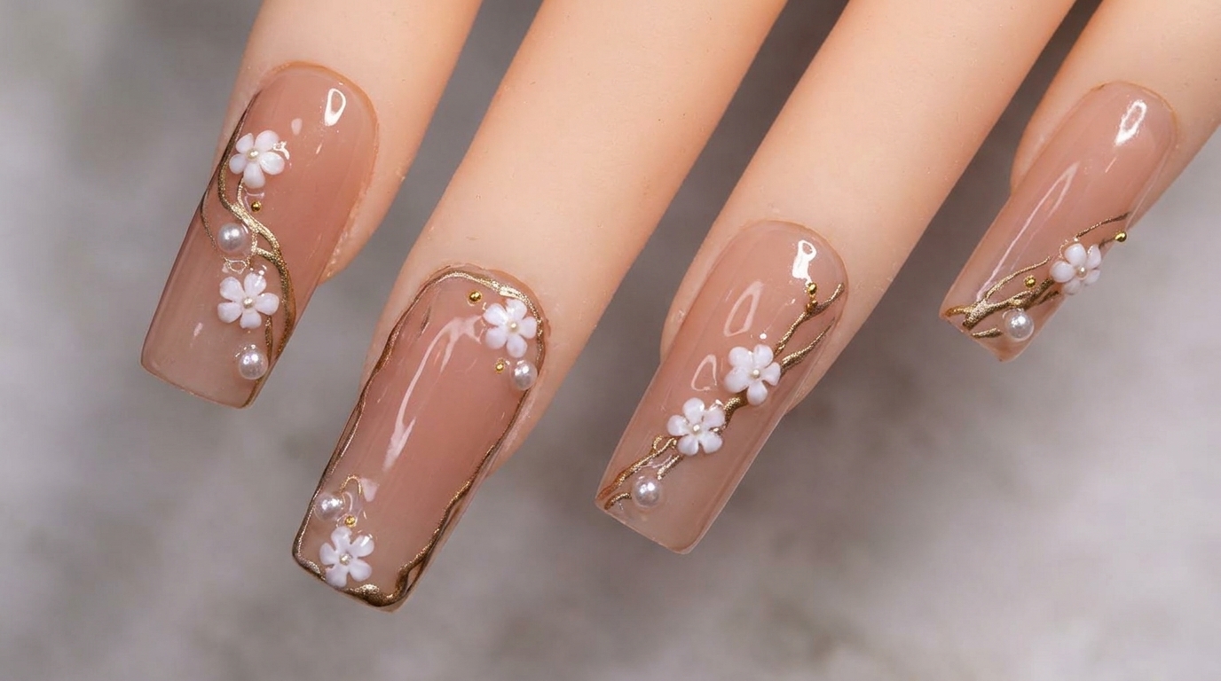 Ongles en gel à motifs floraux et reflets métalliques — Tutoriel élégant étape par étape