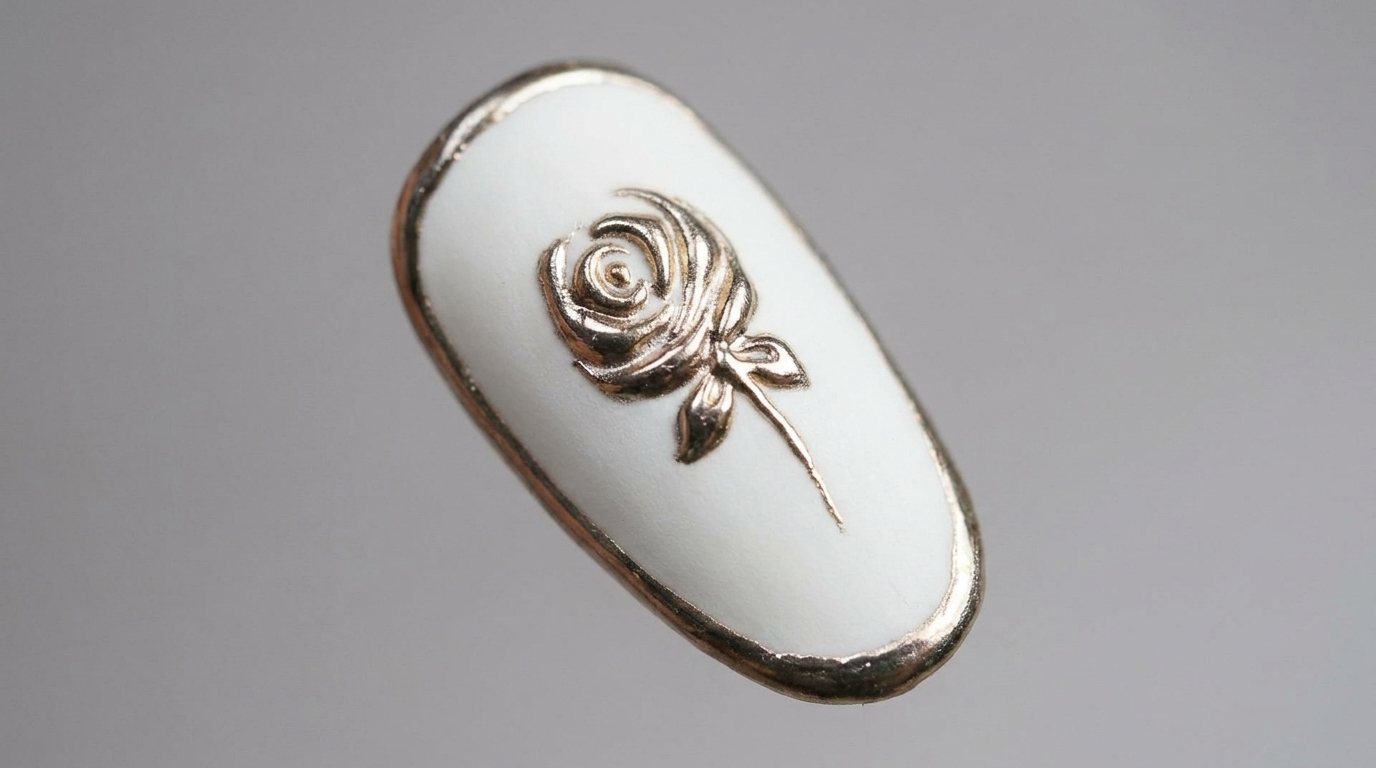 Un ongle en forme damande arborant une base blanche matte contrastée par une rose détaillée en relief effet chrome doré.