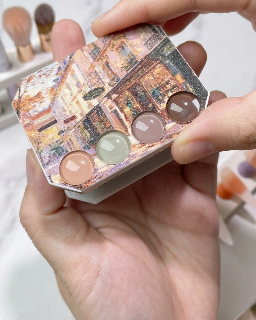 Un pinceau de détail appliquant un vernis gel nude transparent sur le bord libre dun ongle naturel.