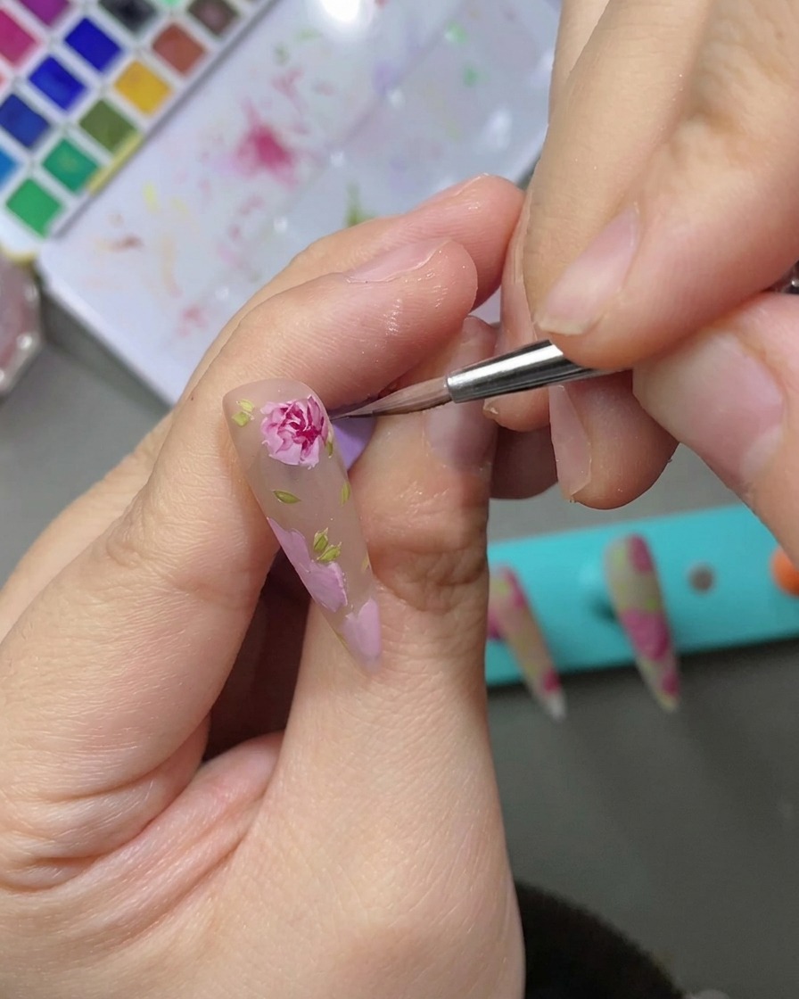 Gros plan sur un design de rose en nail art rehaussé avec un ombrage aquarelle rouge plus profond pour un effet plus dimensionnel.