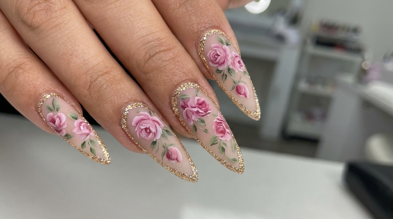 Nail Art Rose Mat avec Contours Platine — Tutoriel Stiletto Romantique
