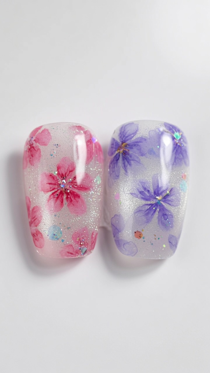 Ongles cat eye translucides ornés de fleurs de cerisier peintes à laquarelle dans des tons rose et violet.