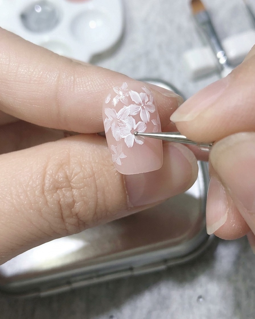 Un outil de pointage plaçant du gel rose au centre de la deuxième couche de pétales.