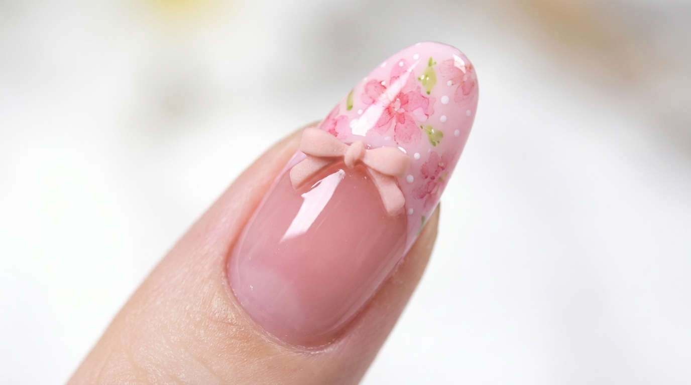Ongles en amande avec une base gel nude, une French manucure rose pastel, des fleurs de cerisier aquarellées et un nœud 3D.