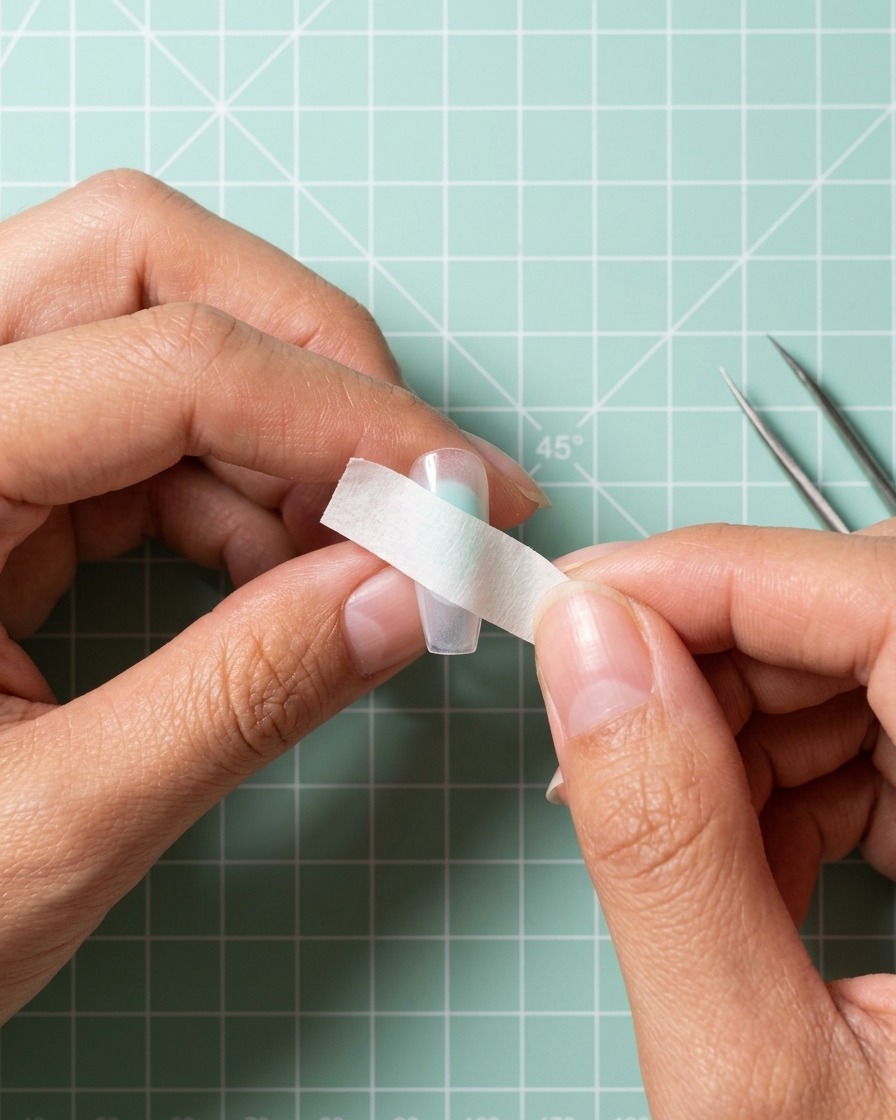 Gros plan sur lapplication dune bande adhésive horizontalement sur une capsule transparente.