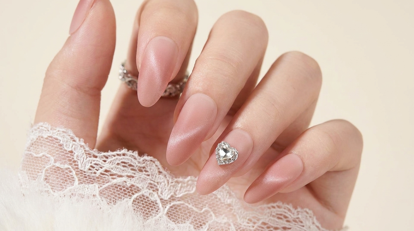 Gros plan sur des faux ongles nude dégradés effet cat eye avec un fini mat doux et un charme en forme de cœur argenté sur lannulaire.