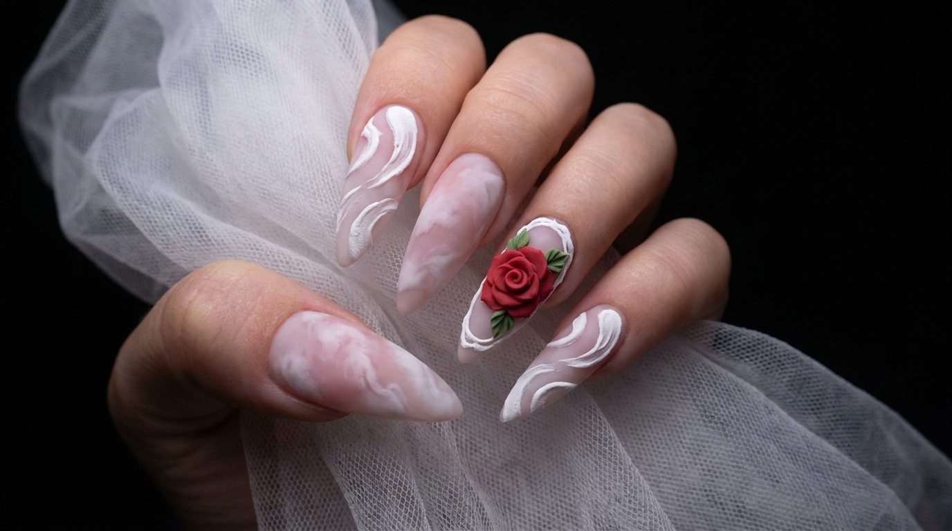 Rose en Gel Plâtre Mat et Volutes 3D — Tutoriel Ongles Étape par Étape
