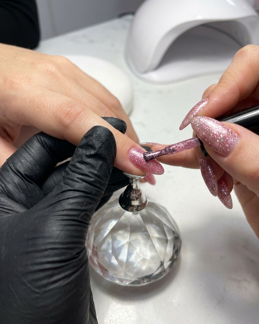 Un pinceau de précision appliquant du gel diamants broyés rose sur un ongle pour créer un dégradé.