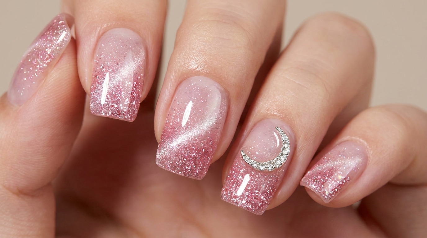 Ongles œil de chat aux diamants broyés avec un dégradé gracieux et un élégant accent de cristal argenté en forme de croissant.