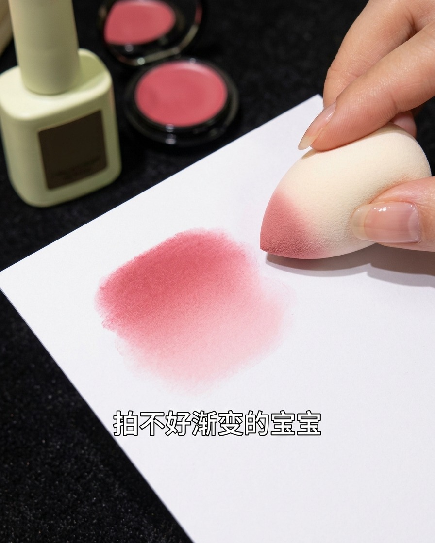 Une éponge de maquillage tapotant du gel rose sur une surface blanche pour tester leffet dégradé.