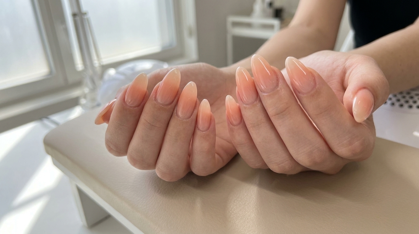 Gros plan sur des ongles ombré pêche terminés avec une finition brillante, tenus à côté dune lingette non pelucheuse.