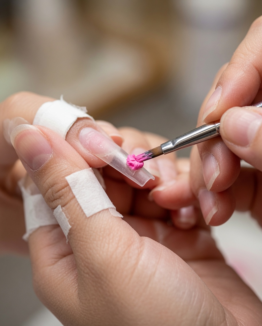 Un pinceau de précision applique du gel rose sur le bout dun ongle rallongé transparent.
