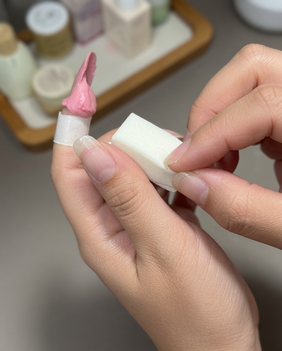 Une petite éponge à maquillage tapote du gel rose sur longle pour créer un effet ombré.