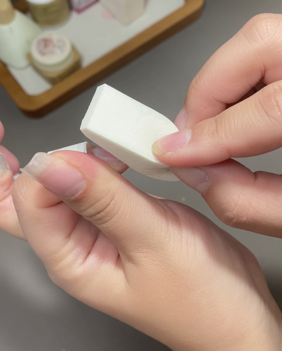 Une éponge tapote une seconde couche de gel rose sur le bout de longle pour accentuer le dégradé.