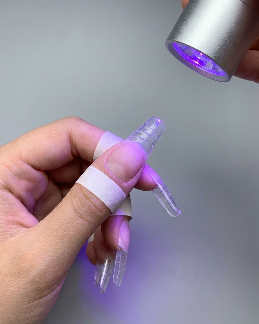 Une mini lampe UV/LED argentée diffusant une lumière violette sur un ongle rose dégradé.