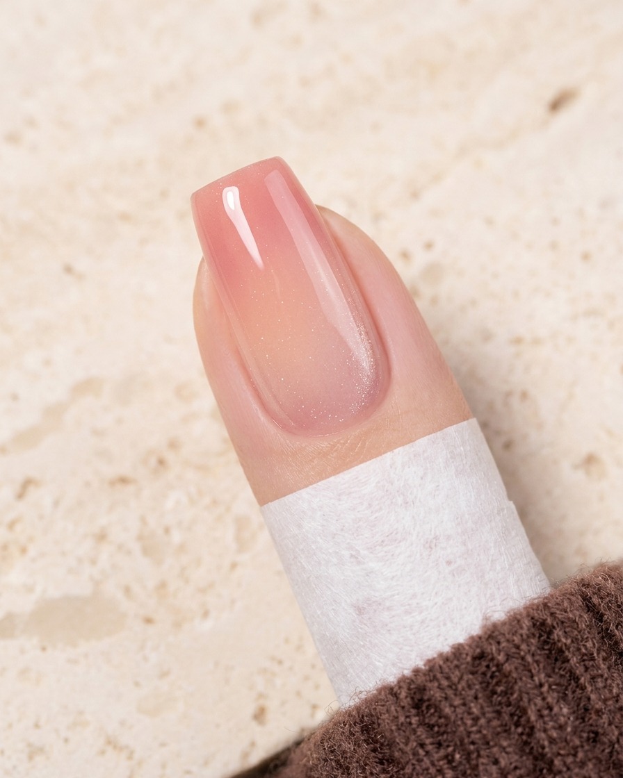 Un pinceau estompant le gel pêche de la pointe de longle vers le haut pour créer un dégradé ombré doux.