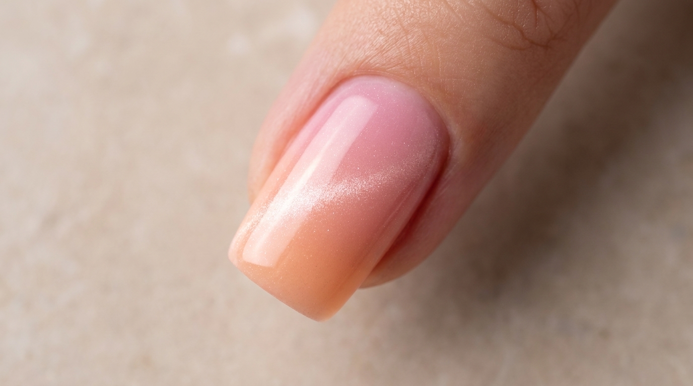 Ongles en gel ombré pêche effet œil de chat avec une finition ultra-brillante.