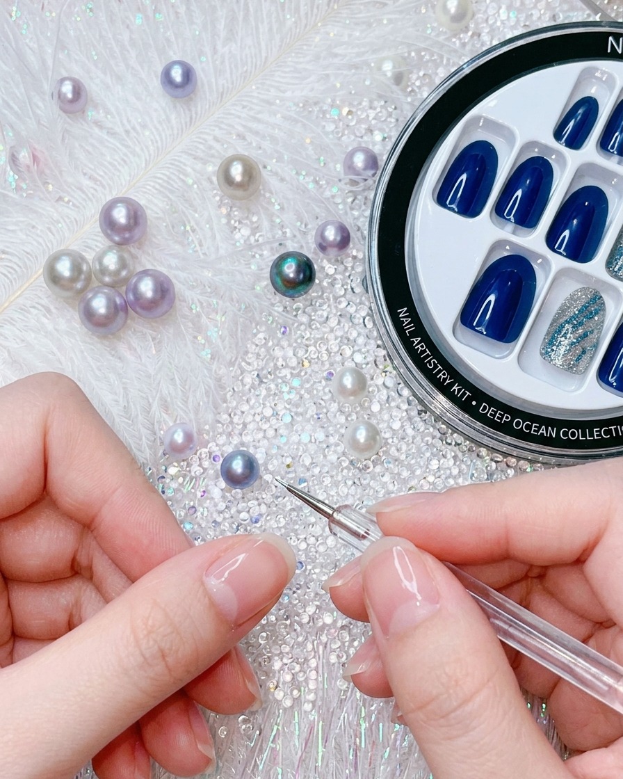 Gros plan montrant un faux ongle bleu électrique aligné avec la cuticule dun ongle naturel.