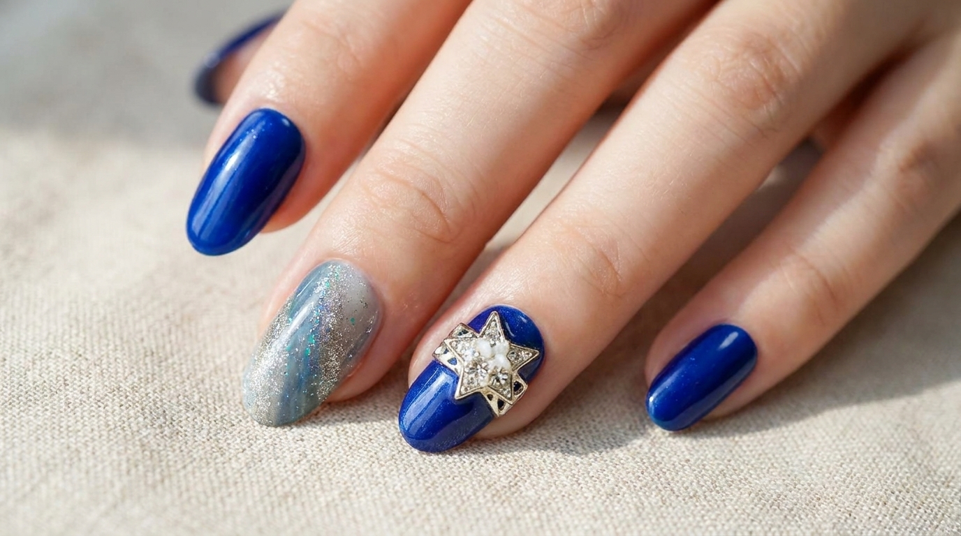 Manucure terminée avec des faux ongles bleu électrique, rehaussée dune étoile argentée et dun ongle accentué dun dégradé pailleté.