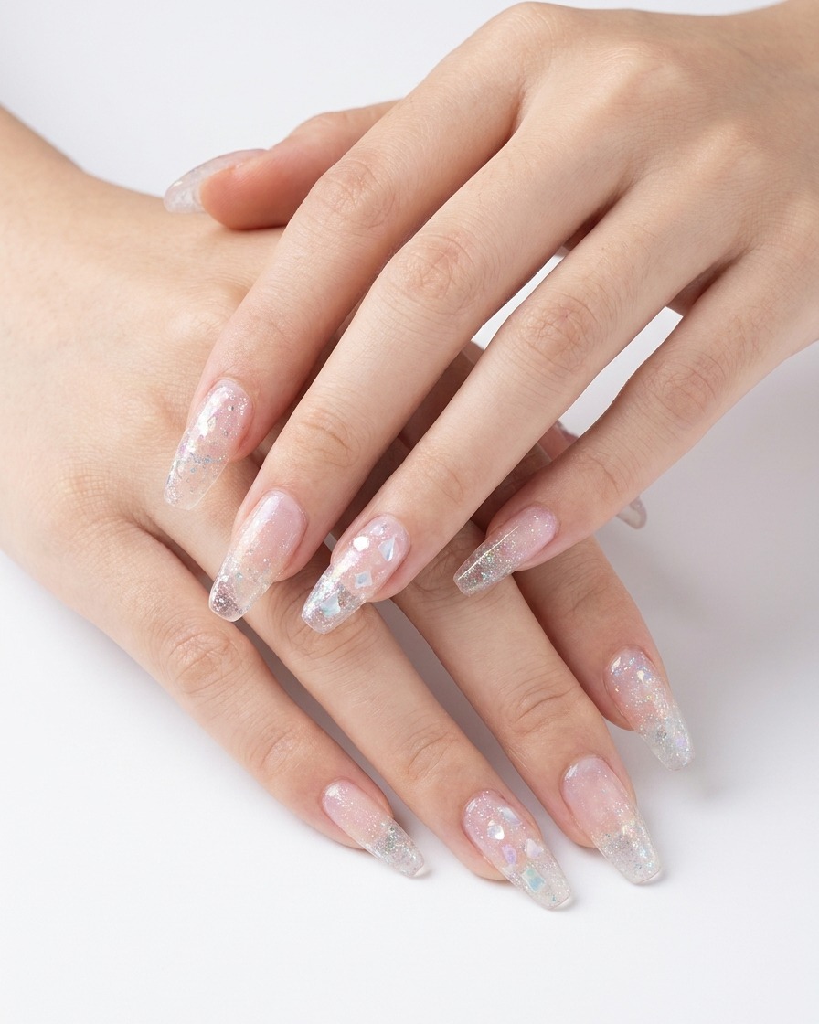 Gros plan déclats de coquillage ajoutés sur une nouvelle couche de gel.