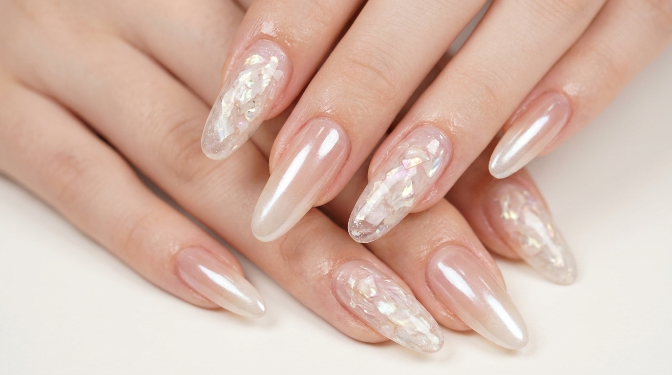 Magnifiques ongles longs en amande avec une base nude translucide, des éclats de coquillages incrustés et un dégradé chromé effet moonlight blanc.
