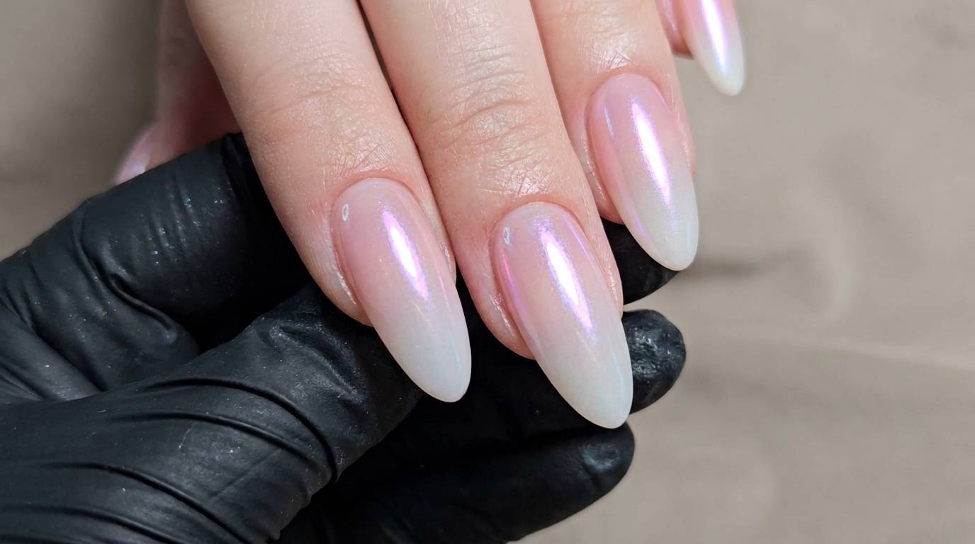 Ongles dégradés rose et blanc laiteux effet chrome — Tutoriel étape par étape