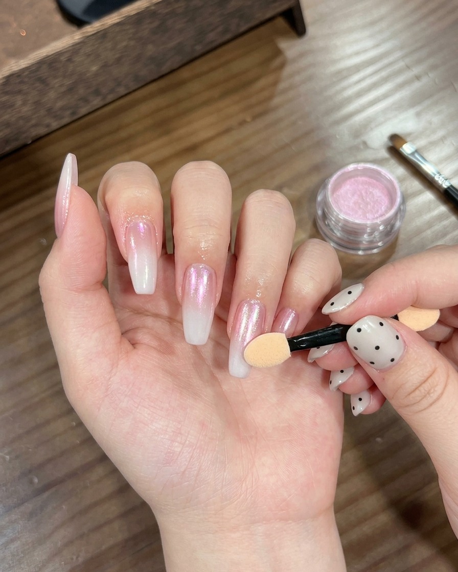 Gros plan dune main utilisant un applicateur mousse pour buffér de la poudre chrome rose irisée sur un ongle dégradé blanc.