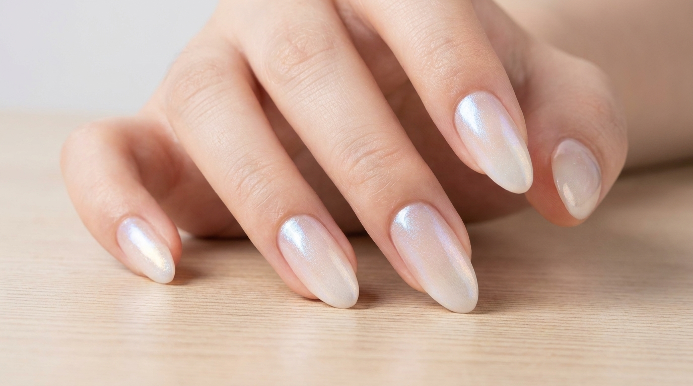 Ongles longs en forme damande présentant un dégradé blanc laiteux lisse et un léger reflet chrome éthéré.